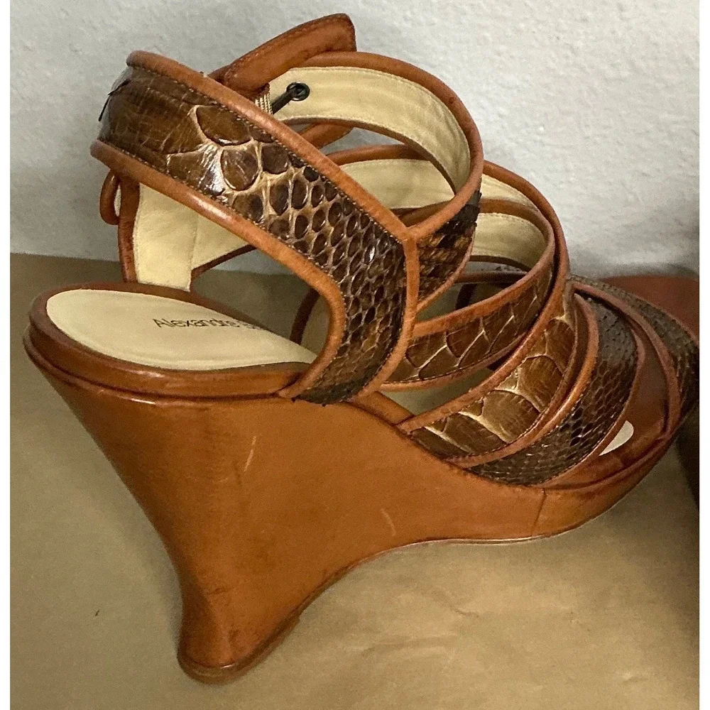 Alexandre‎ Birman Snakeskin Strappy Wedge Sandals Brown Leather Heels